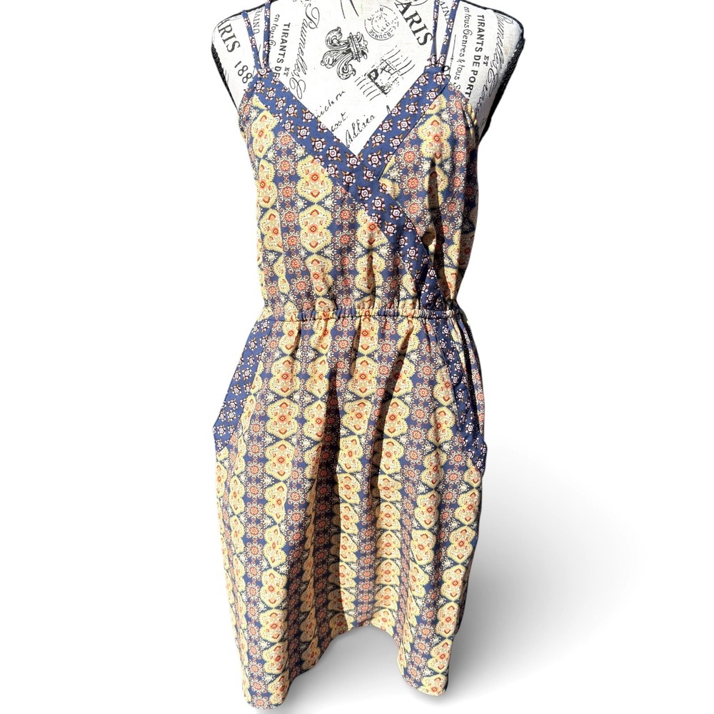 Xhilaration Dress Medium Abstract Faux Wrap Neck Babydoll Boho Cottagecore Farm